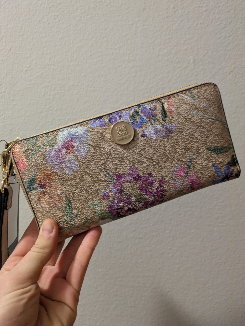 Nine West Floral Zip Wallet in Beige with Gold Accent